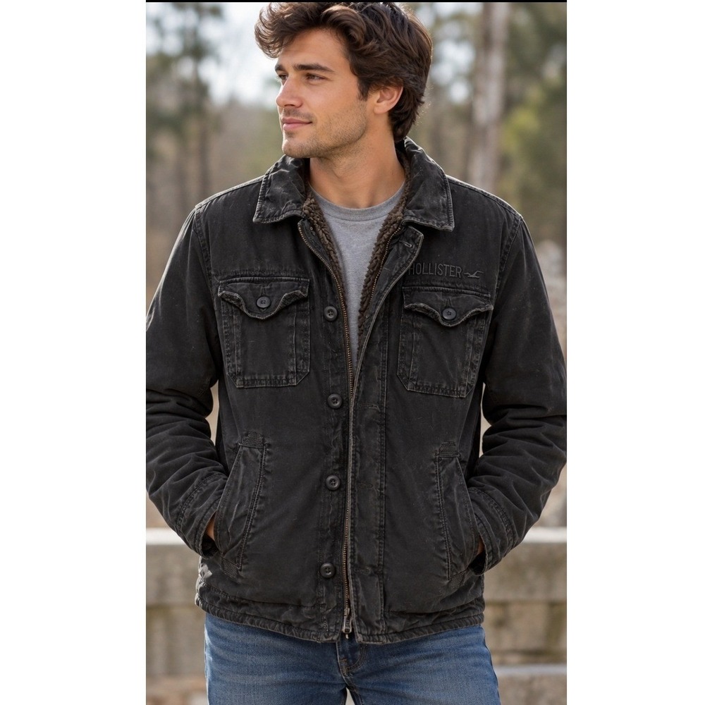 Hollister Y2K Military Utility Jacket M Deep Pile Sherpa Lined Heavy Black Cargo